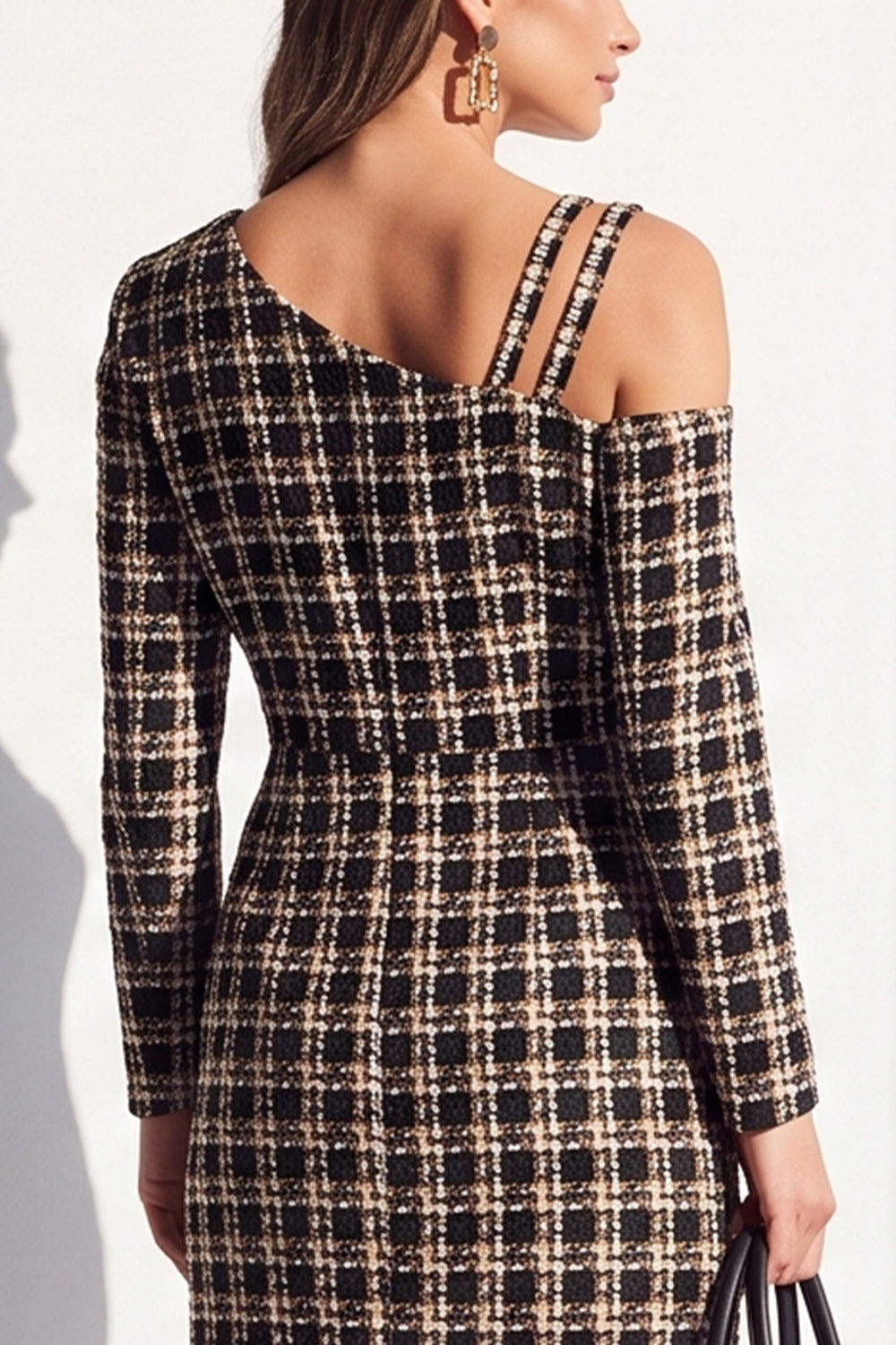Black Plaid Asymmetrical Neck Bodycon Midi Work Dress with Slit