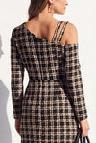 Black Plaid Asymmetrical Neck Bodycon Midi Work Dress with Slit