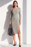 Black Plaid Asymmetrical Neck Bodycon Midi Work Dress with Slit
