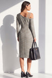 Black Plaid Asymmetrical Neck Bodycon Midi Work Dress with Slit
