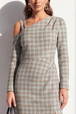 Black Plaid Asymmetrical Neck Bodycon Midi Work Dress with Slit