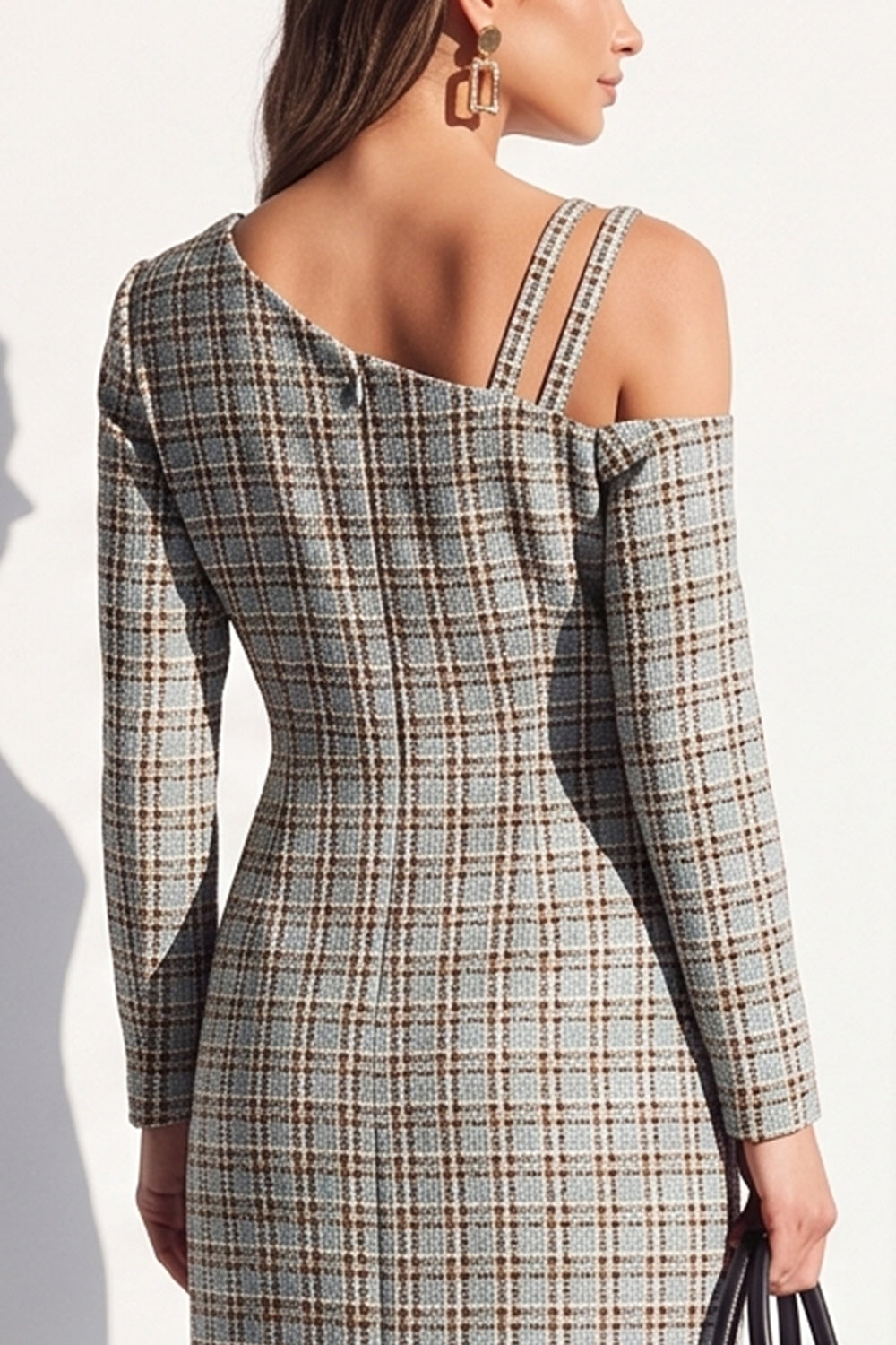 Black Plaid Asymmetrical Neck Bodycon Midi Work Dress with Slit