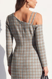 Black Plaid Asymmetrical Neck Bodycon Midi Work Dress with Slit