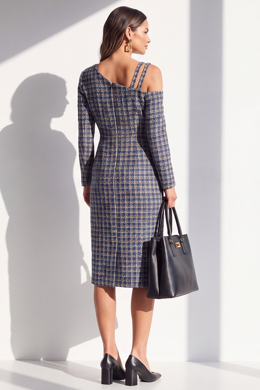 Black Plaid Asymmetrical Neck Bodycon Midi Work Dress with Slit