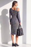 Black Plaid Asymmetrical Neck Bodycon Midi Work Dress with Slit