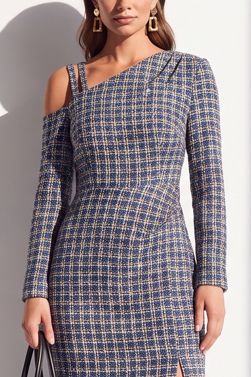 Black Plaid Asymmetrical Neck Bodycon Midi Work Dress with Slit