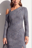 Black Plaid Asymmetrical Neck Bodycon Midi Work Dress with Slit