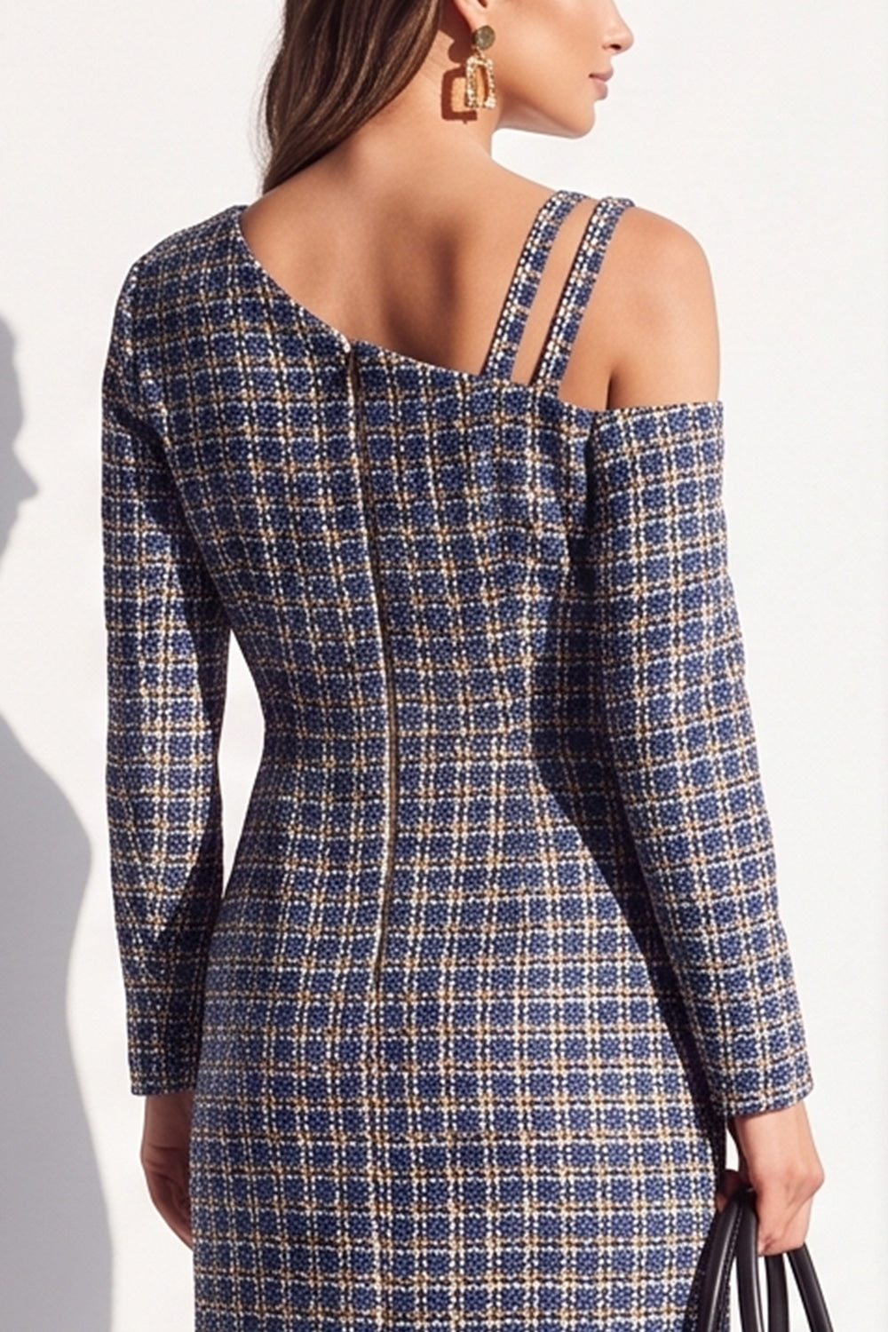 Black Plaid Asymmetrical Neck Bodycon Midi Work Dress with Slit