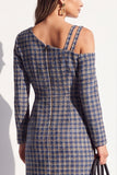 Black Plaid Asymmetrical Neck Bodycon Midi Work Dress with Slit