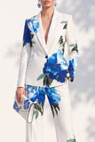 White Blue Flower One Button 2 Piece Peak Lapel Women Suits