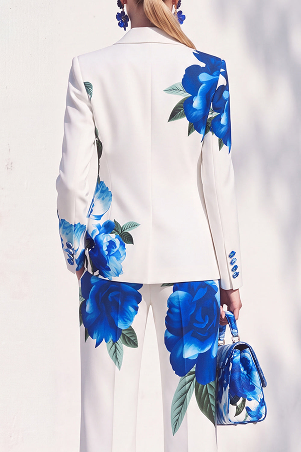 White Blue Flower One Button 2 Piece Peak Lapel Women Suits