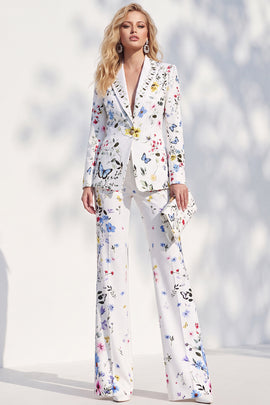 Floral White Peak Lapel Slim Fit 2 Piece One Button Women Suits