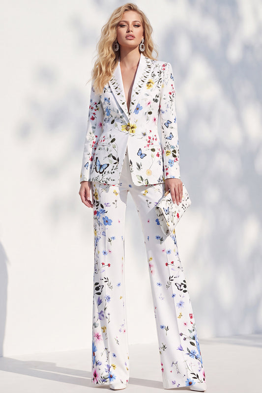 Floral White Peak Lapel Slim Fit 2 Piece One Button Women Suits