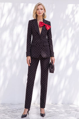 Black Polka Dots Peak Lapel Slim Fit 2 Piece Women Suits with Bow