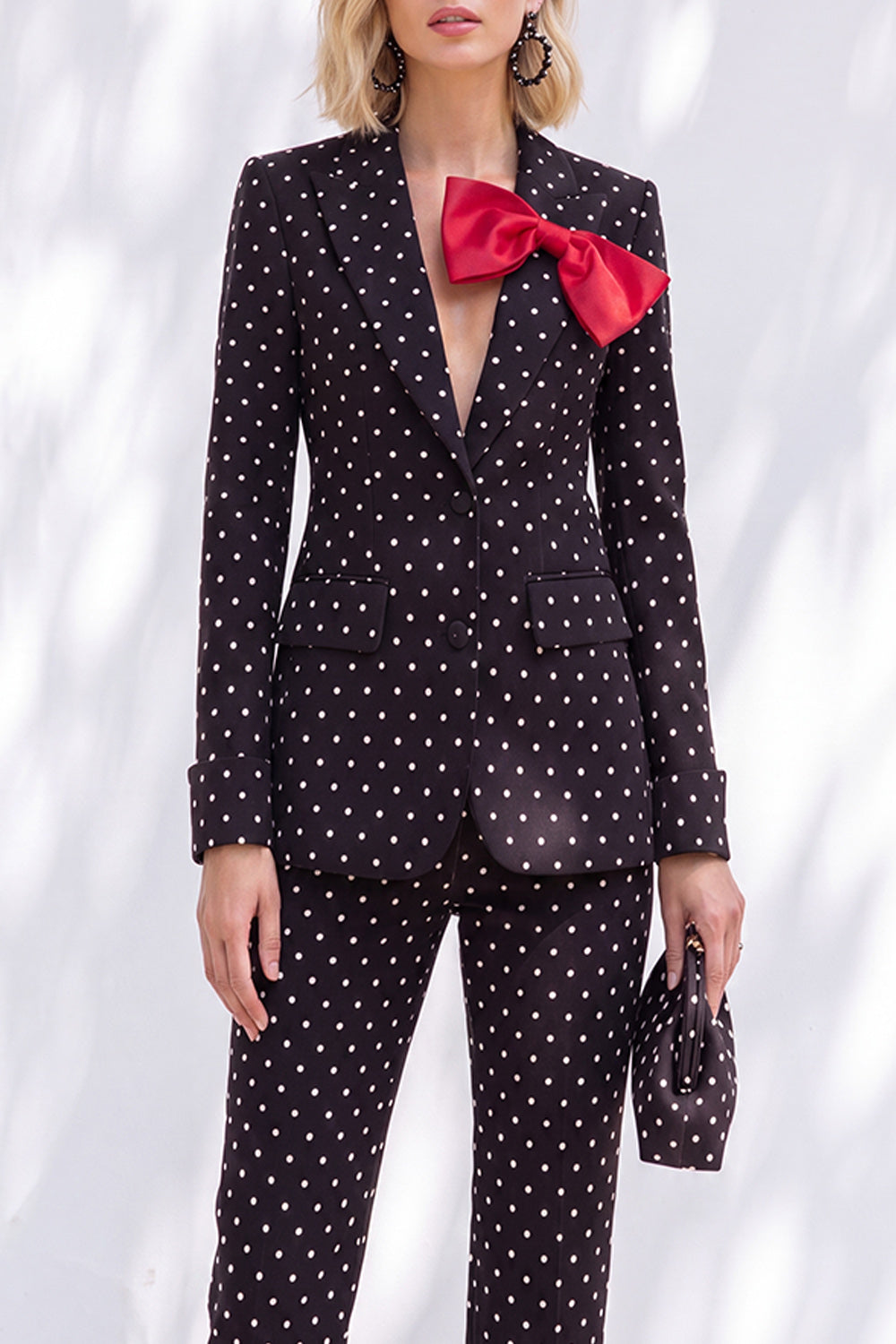 Black Polka Dots Peak Lapel Slim Fit 2 Piece Women Suits with Bow
