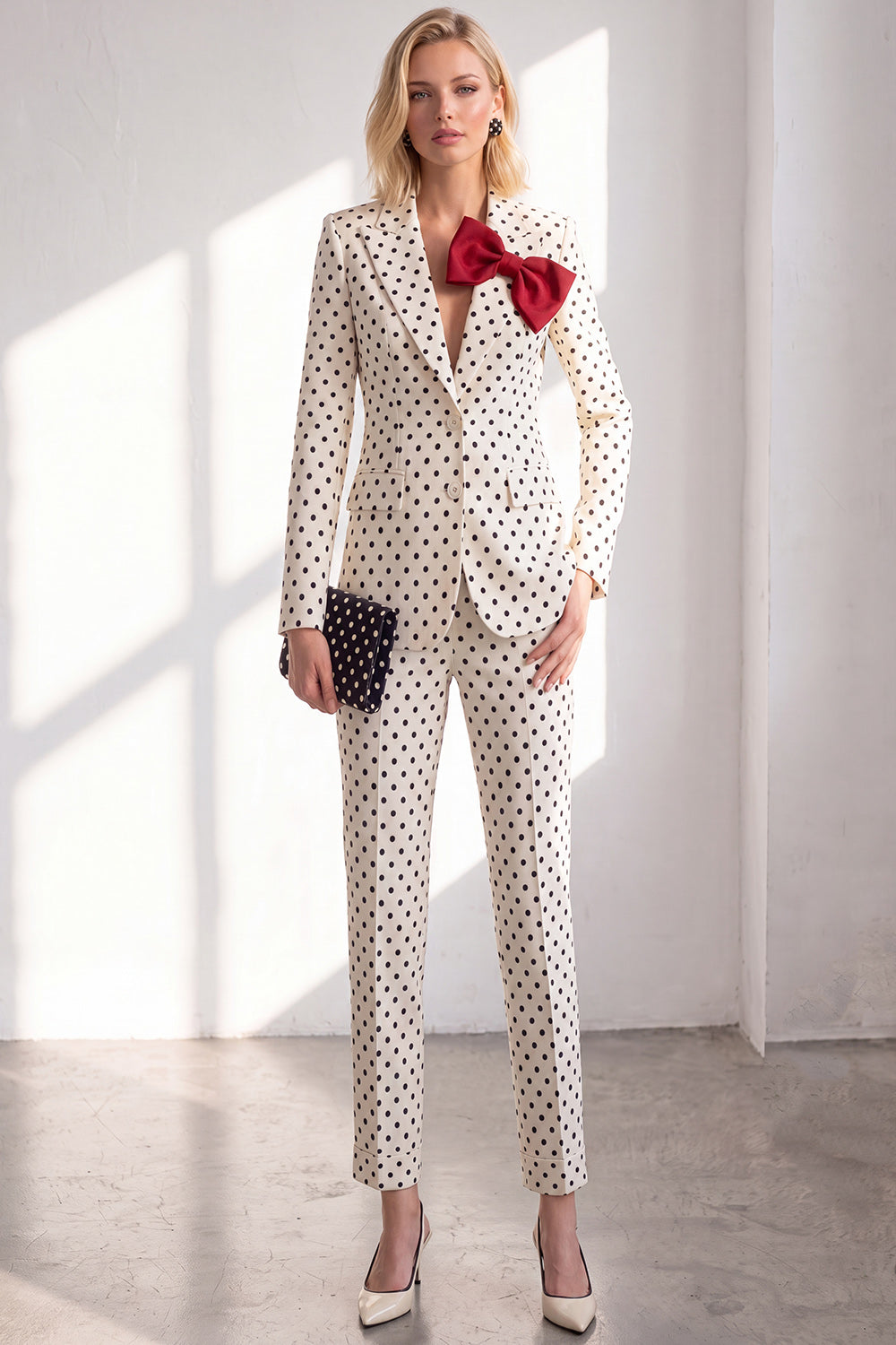 Black Polka Dots Peak Lapel Slim Fit 2 Piece Women Suits with Bow