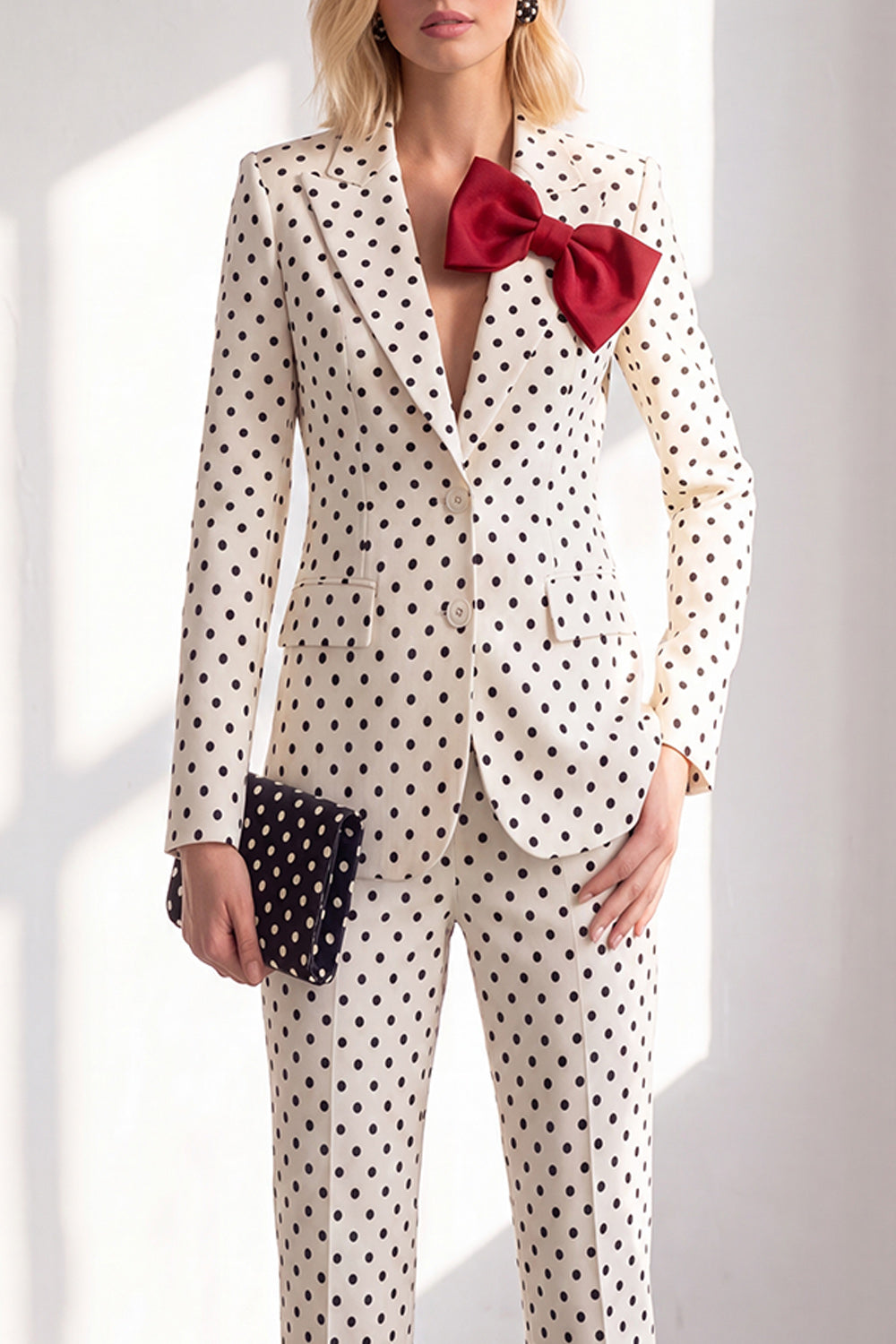 Black Polka Dots Peak Lapel Slim Fit 2 Piece Women Suits with Bow