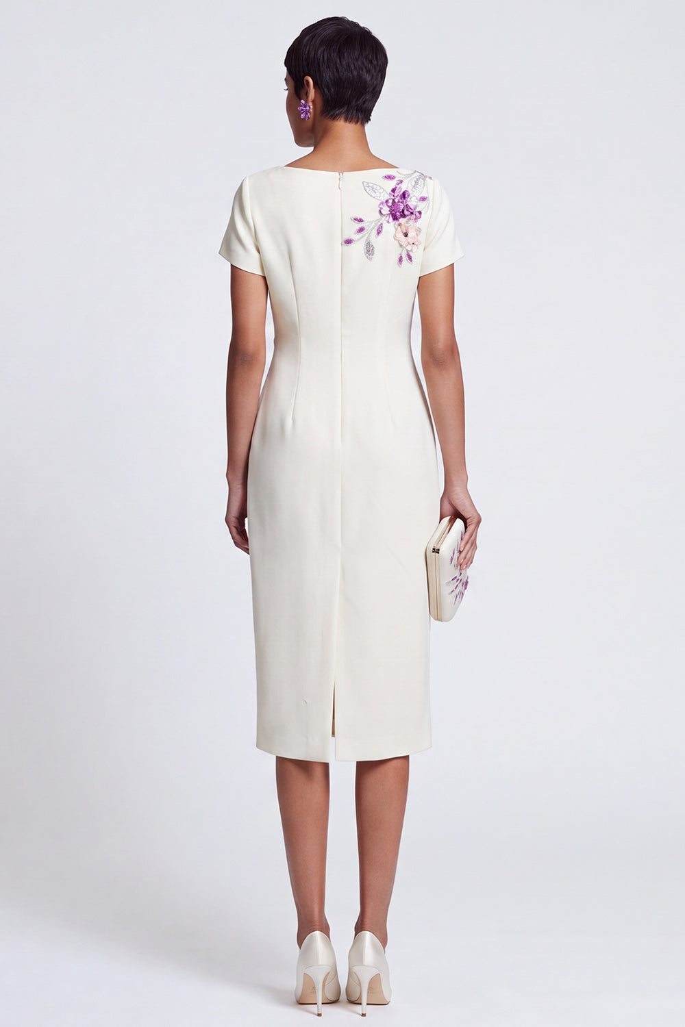 White Floral Sparkly Boat Neck Bodycon Midi Work Dress with Sleeves