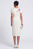 White Floral Sparkly Boat Neck Bodycon Midi Work Dress with Sleeves