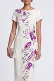 White Floral Sparkly Boat Neck Bodycon Midi Work Dress with Sleeves