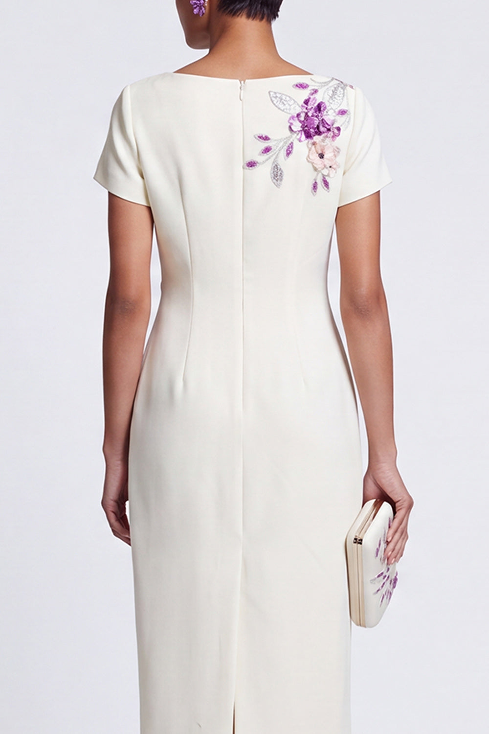 White Floral Sparkly Boat Neck Bodycon Midi Work Dress with Sleeves