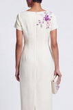 White Floral Sparkly Boat Neck Bodycon Midi Work Dress with Sleeves