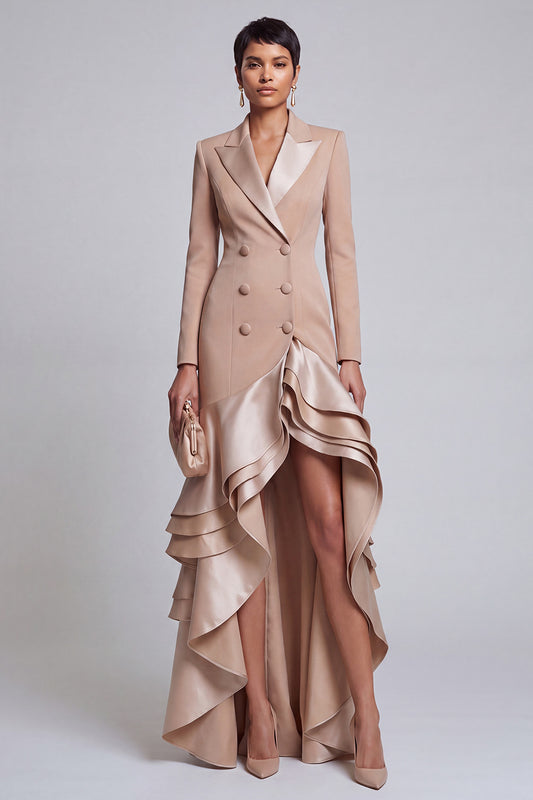 Ruffled Khaki Peak Lapel Double Breasted High-Low Blazer Dress