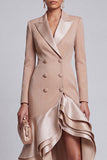Ruffled Khaki Peak Lapel Double Breasted High-Low Blazer Dress