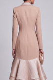Ruffled Khaki Peak Lapel Double Breasted High-Low Blazer Dress