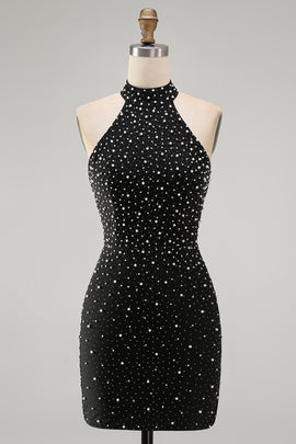 Sparkly Black Tight Halter Short Homecoming Dress with Beading