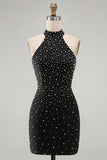 Sparkly Black Tight Halter Short Homecoming Dress with Beading