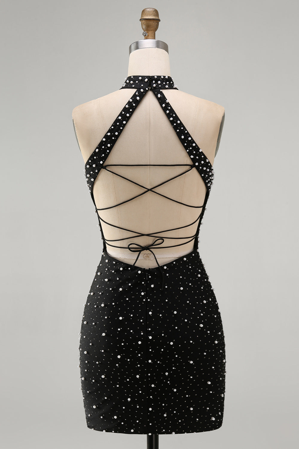Sparkly Black Tight Halter Short Homecoming Dress with Beading