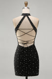 Sparkly Black Tight Halter Short Homecoming Dress with Beading