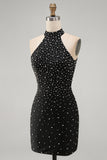 Sparkly Black Tight Halter Short Homecoming Dress with Beading