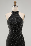 Sparkly Black Tight Halter Short Homecoming Dress with Beading