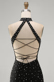 Sparkly Black Tight Halter Short Homecoming Dress with Beading