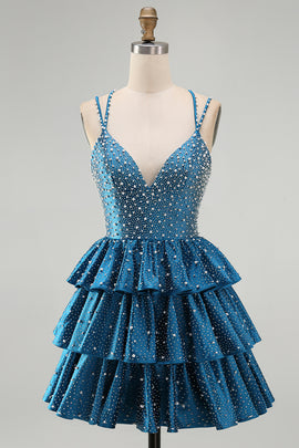 Sparkly Dark Blue A-Line V-Neck Tiered Short Beaded Homecoming Dress