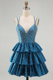 Sparkly Dark Blue A-Line V-Neck Tiered Short Beaded Homecoming Dress