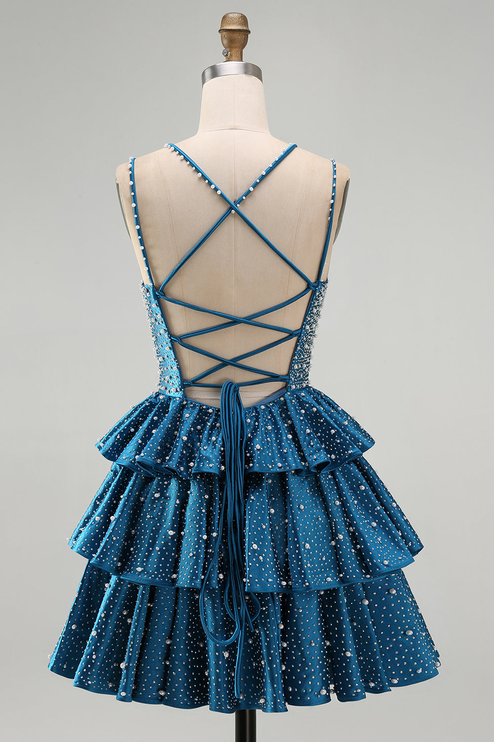 Sparkly Dark Blue A-Line V-Neck Tiered Short Beaded Homecoming Dress