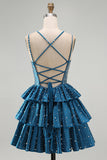 Sparkly Dark Blue A-Line V-Neck Tiered Short Beaded Homecoming Dress