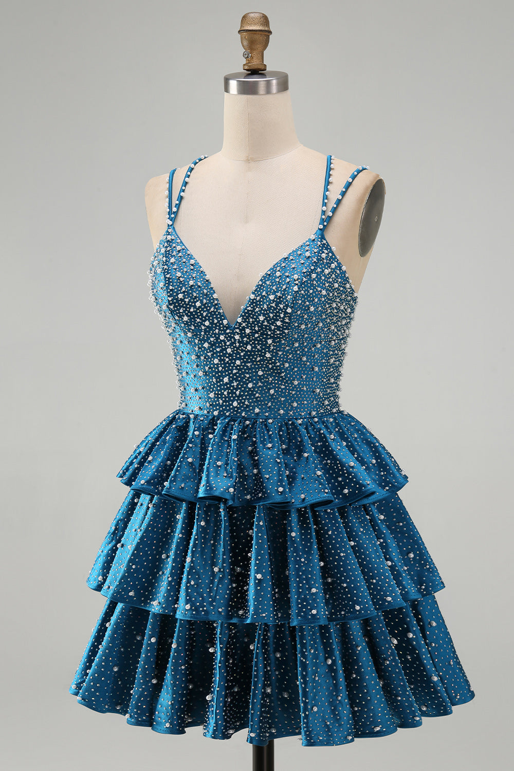 Sparkly Dark Blue A-Line V-Neck Tiered Short Beaded Homecoming Dress