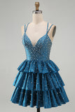 Sparkly Dark Blue A-Line V-Neck Tiered Short Beaded Homecoming Dress