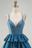 Sparkly Dark Blue A-Line V-Neck Tiered Short Beaded Homecoming Dress