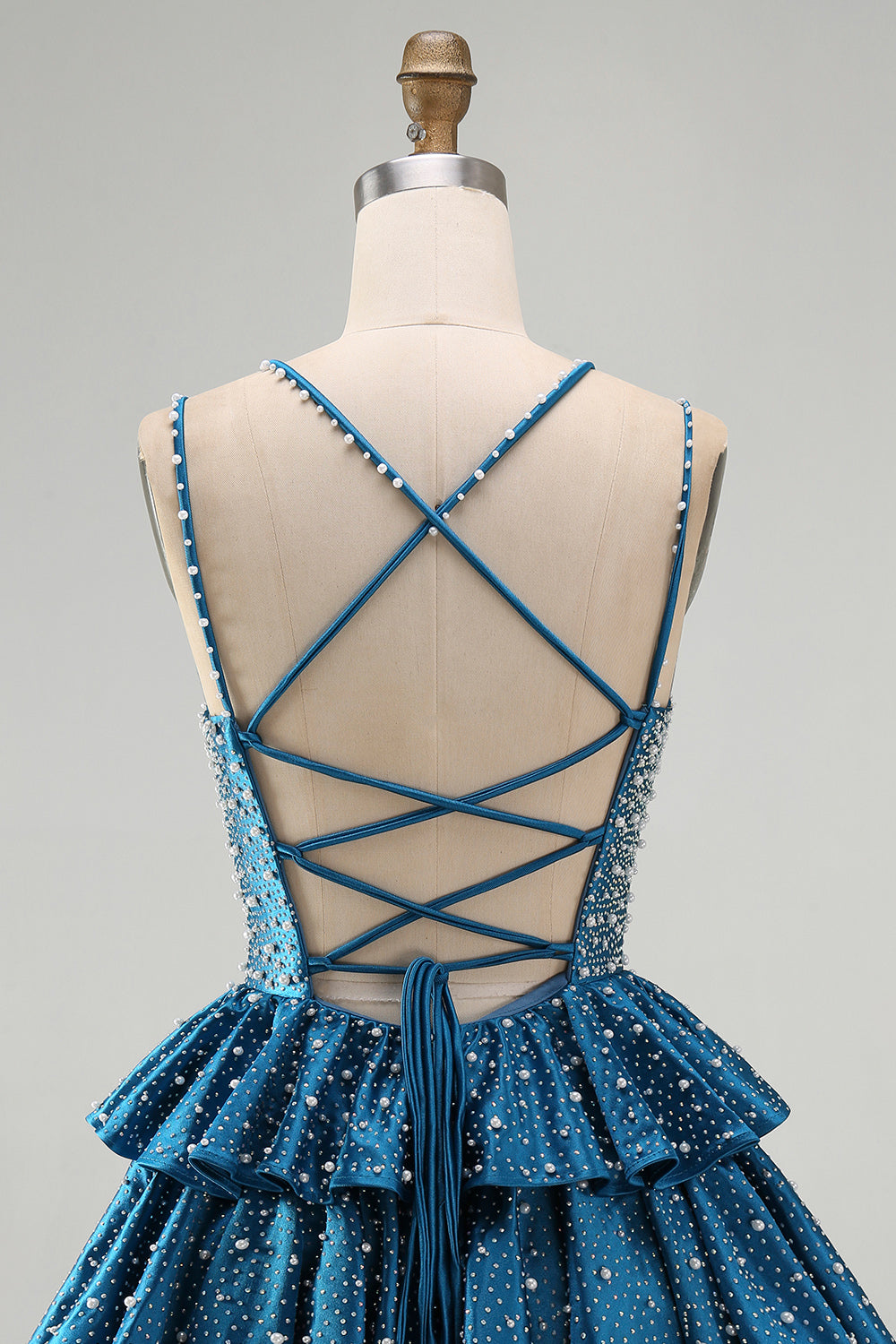 Sparkly Dark Blue A-Line V-Neck Tiered Short Beaded Homecoming Dress