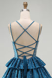 Sparkly Dark Blue A-Line V-Neck Tiered Short Beaded Homecoming Dress
