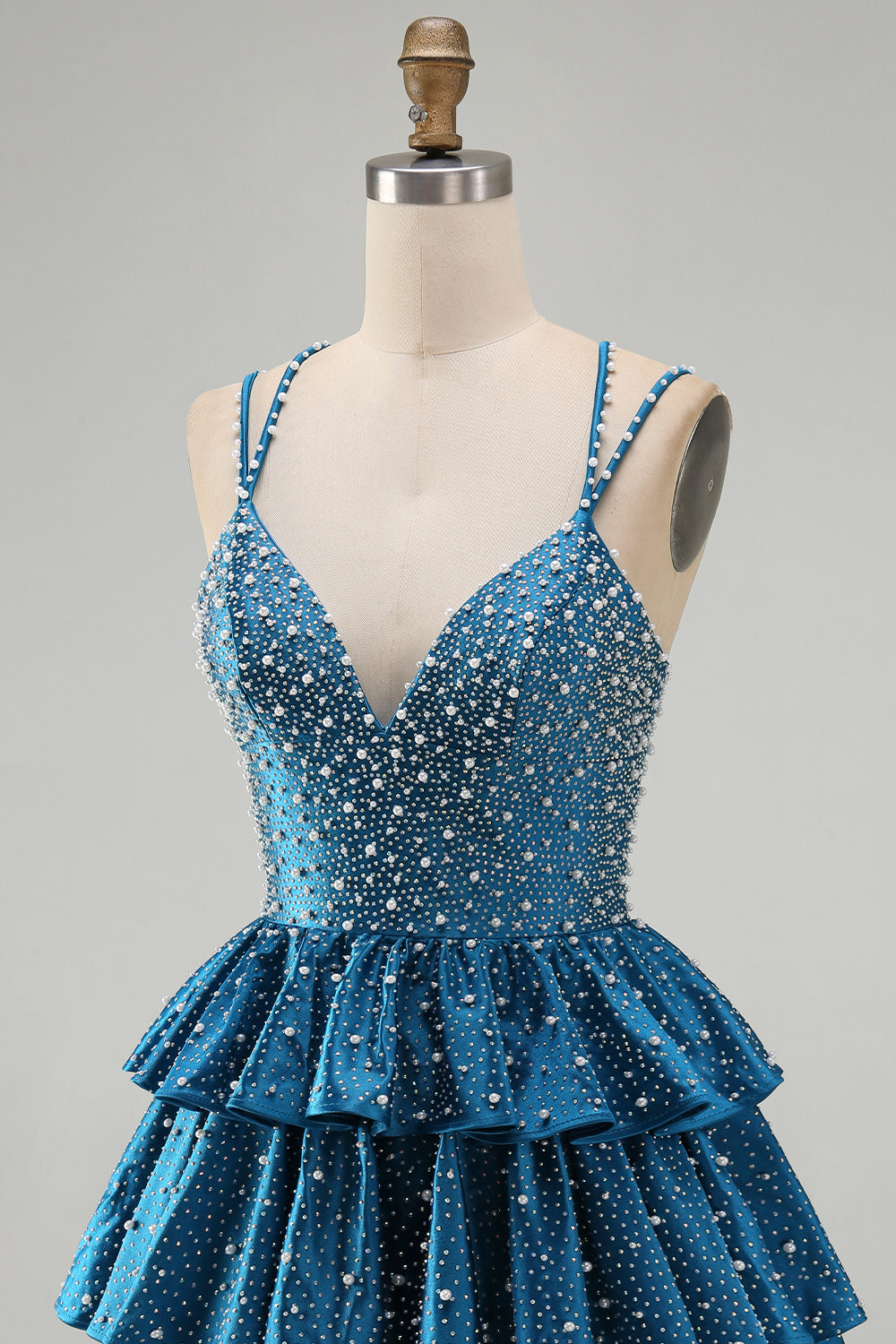 Sparkly Dark Blue A-Line V-Neck Tiered Short Beaded Homecoming Dress