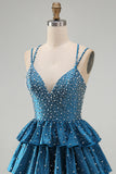 Sparkly Dark Blue A-Line V-Neck Tiered Short Beaded Homecoming Dress
