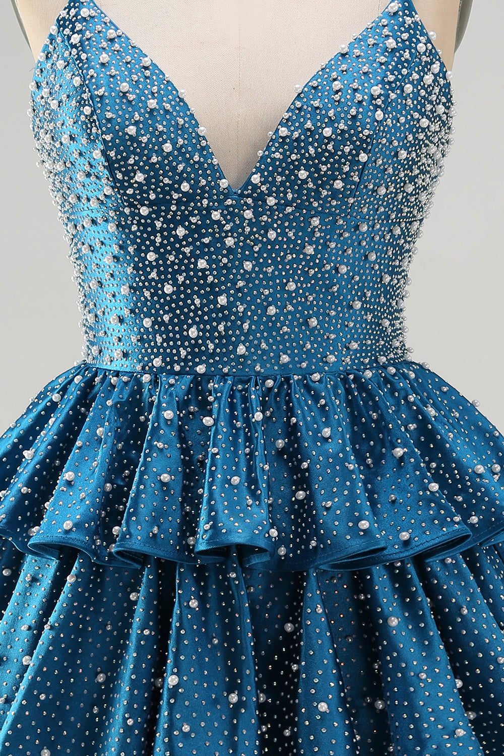 Sparkly Dark Blue A-Line V-Neck Tiered Short Beaded Homecoming Dress