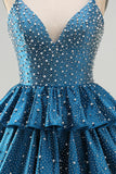 Sparkly Dark Blue A-Line V-Neck Tiered Short Beaded Homecoming Dress