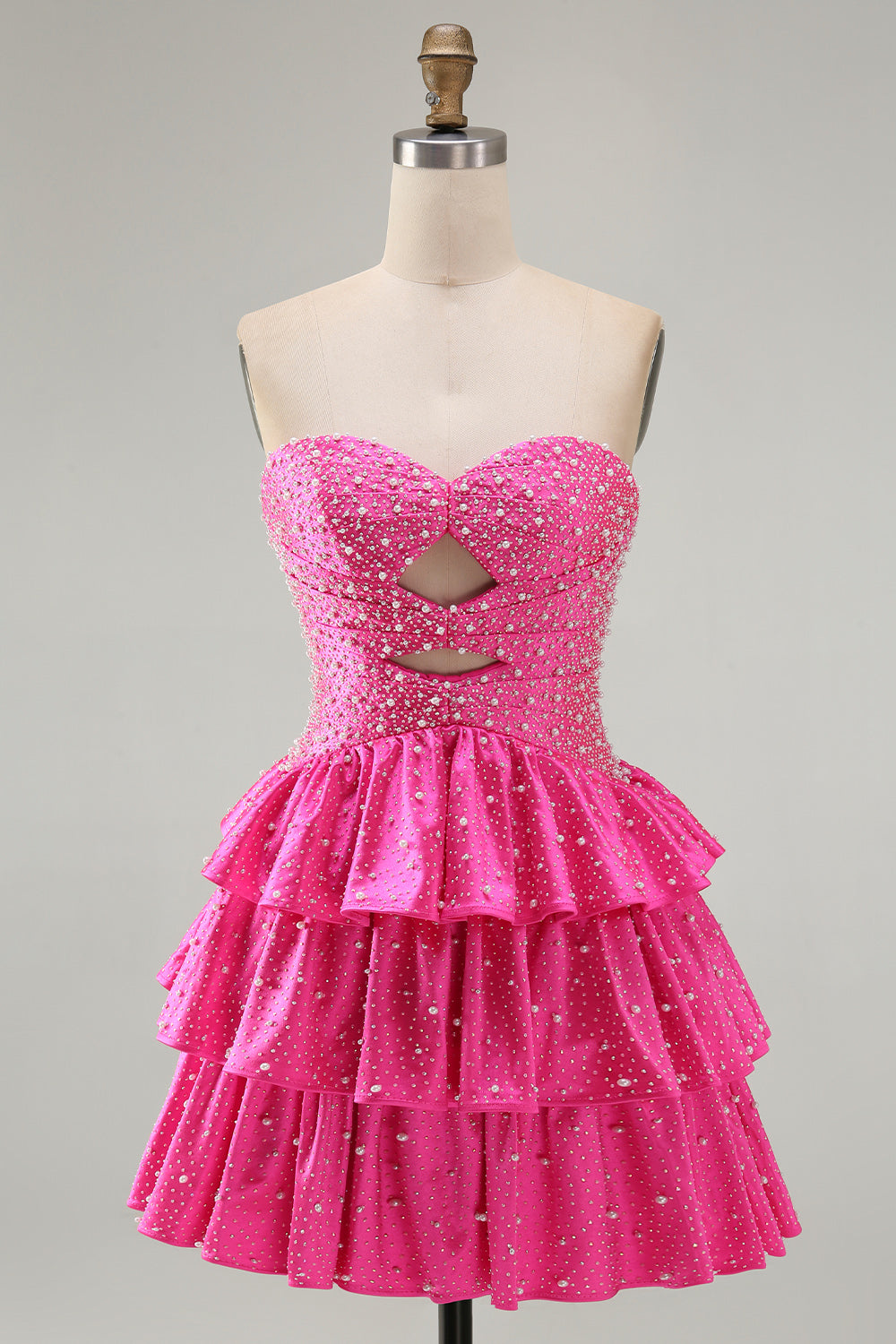 Spakly Fuchsia Sweetheart Keyhole Tiered Beaded Short Homecoming Dress